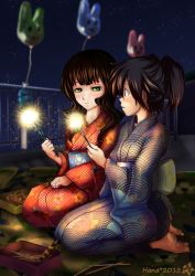 10s 2girls balloon barefoot black_hair black_rock_shooter blurry blush brown_hair depth_of_field dirty dirty_feet fireworks food glowing green_eyes hana_keijou japanese_clothes kimono kuroi_mato long_hair meat multiple_girls night night_sky obi ponytail railing sash seigaiha seiza sitting skewer sky soles sparkler star_(sky) starry_sky takanashi_yomi yuri