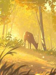 animal artist_name day deer flower forest grass highres huhv. nature no_humans original outdoors scenery sunlight tree watermark yellow_flower