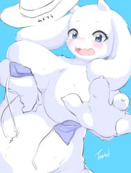 1girl 2018 blue_eyes bra covering_privates covering_breasts furry goat hat highres otitikubi sun_hat toriel twitter undertale underwear