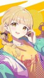 1girl absurdres black_bow blonde_hair blush bow braid commentary_request fujita_kotone gakuen_idolmaster hair_bow half-heart_hands highres hpwk2775 idolmaster jacket long_hair looking_at_viewer multicolored_jacket shirt smile solo twin_braids upper_body yellow_eyes yellow_shirt