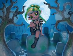 1girl 4chan absurdres beetlejuice beetlejuice_(character) beetlejuice_(character)_(cosplay) black_footwear black_shirt black_shorts boots breasts cleavage cloud cosplay crossover full_moon graveyard green_eyes green_hair hair_bun halloween halloween_costume highres long_hair looking_at_viewer moon night nintendo octoling octoling_girl octoling_player_character octopus_girl pointy_ears shirt short_sleeves shorts sitting sky small_breasts smile soandnb splatoon_(series) striped_clothes striped_shirt tentacle_hair tentacles tombstone tree