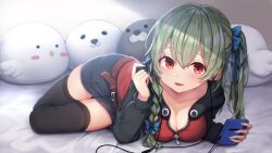 1girl artist_request bed_sheet belt black_hoodie black_skirt black_thighhighs blue_bow bow braid breasts cellphone cleavage collarbone commission earbuds earphones green_hair hair_between_eyes hair_bow highres holding holding_earphones holding_phone hood hoodie huanxiang_koudai_meow large_breasts long_hair long_sleeves looking_at_viewer lying on_bed on_side open_mouth original partially_unzipped phone red_eyes red_hoodie second-party_source side_braid side_ponytail single_braid skirt smile solo stuffed_animal stuffed_toy thighhighs two-tone_hoodie zettai_ryouiki