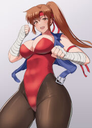 1girl absurdres arm_wrap athletic_leotard bandaged_arm bandages black_pantyhose blue_vest breakers breasts brown_eyes brown_hair cleavage commentary_request cowboy_shot gradient_background grey_background hand_wraps highres large_breasts leotard long_hair looking_at_viewer mayomaru1 pantyhose red_leotard solo standing strapless strapless_leotard tia_langray vest