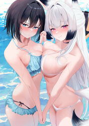 Rule 34 | 2girls, absurdres, animal ear fluff, arm at side, asymmetrical docking, bikini, black bow, black choker, black hair, blue bikini, blush, bow, bow bikini, breast press, breasts, choker, closed mouth, collarbone, cowboy shot, double-parted bangs, embarrassed, frilled bikini, frills, from above, from side, gradient hair, hair between eyes, hair bow, hair intakes, half updo, hand up, highres, holding hands, interlocked fingers, large breasts, long bangs, long hair, looking at viewer, mole, mole under eye, multicolored hair, multiple girls, navel, nose blush, ocean, original, pink eyes, short hair, side-tie bikini bottom, smile, standing, stomach, string bikini, swimsuit, tachinagi tom, tail, very long hair, water, white bikini, white hair, wispy bangs