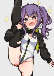 1girl alice_gear_aegis black_jacket black_thighhighs breasts circle_cutout cleavage_cutout clothing_cutout companion/af covered_collarbone fang front_zipper full-length_zipper grey_background heattech_leotard highleg highleg_leotard ichijou_ayaka jacket kachou_dairi leotard multicolored_leotard purple_eyes purple_hair race_queen simple_background skin_fang sleeveless_turtleneck_leotard small_breasts solo sparkle split standing standing_on_one_leg standing_split thighhighs turtleneck twintails two-tone_leotard white_leotard zipper zipper_leotard zipper_pull_tab