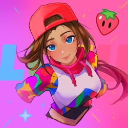 1girl animification backwards_hat blue_eyes blush brown_hair drawstring floating_hair food fortnite fruit hat highres long_hair looking_at_viewer loserfruit midriff_peek multicolored_sweater navel noush pink_hat pink_lips ponytail real_life smile solo sparkle strawberry sweater upper_body