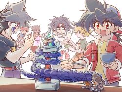 1girl 6+boys bakuten_shoot_beyblade beyblade black_hair black_jacket blonde_hair blue_eyes blue_hair blue_shirt bowl brown_eyes chinese_clothes close-up clothes_around_waist collar covered_eyes eyewear_on_head facial_tattoo green_collar green_shirt hair_over_eyes headband highres hiwatari_kai holding holding_bowl jacket jacket_around_waist kinomiya_takao kon_rei kyouju_(beyblade) male_focus medium_hair mizuhara_max multiple_boys nagashi_soumen one_eye_closed purple_eyes red_eyes red_hair red_headband red_jacket scar scar_on_face scar_on_forehead shirt short_hair sleeves_rolled_up spiked_hair sumeragi_daichi tachibana_hiromi tattoo tkoknmy0321 upper_body v white_shirt
