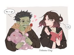 1boy 1girl beast_boy_(dc) black_hair black_nail_polish blush book couple dc_comics english_text flower green_eyes grey_hair happy heart highres pointy_ears raven_(dc) rose smile speech_bubble stuffed_animal stuffed_toy teddy_bear teen_titans thought_bubble valentine&#039;s