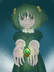 1girl blue_background child chitose_yuma collared_dress crying crying_with_eyes_open dress green_dress green_eyes green_hair holding mahou_shoujo_madoka_magica mahou_shoujo_oriko_magica medium_hair short_twintails solo soul_gem tears twintails user_kmyx5247