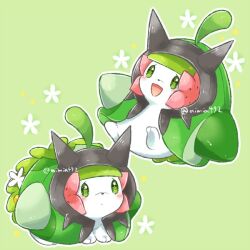 :d aimi_(aimia492) animal_focus artist_name closed_mouth colored_skin commentary_request cosplay flower flower_on_head gen_4_pokemon green_background green_eyes green_hair legendary_pokemon multiple_views mythical_pokemon nintendo no_humans ogerpon ogerpon_(cosplay) open_mouth pokemon pokemon_(creature) shaymin shaymin_(land) simple_background sitting smile snout twitter_username white_skin
