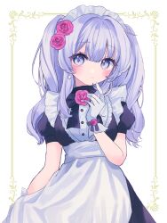 1girl apron black_bow black_bowtie black_dress blue_eyes bow bowtie closed_mouth commentary cowboy_shot dress earrings finger_to_mouth flower frilled_apron frills hair_flower hair_intakes hair_ornament highres ibispaint_(medium) jewelry long_hair looking_at_viewer maid maid_headdress original pearl_earrings pink_flower pink_rose rose shiina_(user_ecjx4545) sidelocks solo symbol-only_commentary two_side_up white_apron white_hair