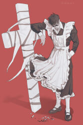 Rule 34 | 1boy, absurdres, apron, cigarette, collarbone, cross punisher, crossdressing, crossdressing (mtf), facial hair, full body, goatee stubble, greyscale with colored background, hand in pocket, highres, ishida 6610, large cross, maid, male focus, male maid, mary janes, nicholas d. wolfwood, pantyhose, shoes, short hair, smoking, solo, stubble, sunglasses, trigun