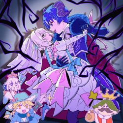 Rule 34 | 2boys, 2girls, aether (genshin impact), alternate costume, alternate universe, aqua scarf, aranara (genshin impact), arched back, arm up, black eyes, black gloves, black horns, blonde hair, blue cloak, blue hat, blue shoes, blunt ends, bow, braid, bridal veil, bright pupils, brown gloves, cape, caramelo game, cavalier hat, cloak, coat, commentary request, covering own mouth, cross-laced clothes, cross-laced dress, cross-shaped pupils, crown, crown braid, demon horns, diamond hair ornament, dress, eye contact, eyeliner, eyeshadow, fake facial hair, fake mustache, flower, fur-trimmed coat, fur collar, fur trim, genshin impact, gloves, gold, gold crown, green eyes, hair ornament, halo, hand grab, hand on another&#039;s back, hat, hat flower, high heels, highres, holding, holding sword, holding weapon, horns, king, knight, large bow, leaf, leaf hair ornament, long hair, looking at another, low-braided long hair, low-tied long hair, makeup, mechanical halo, median furrow, multiple boys, multiple girls, nahida (genshin impact), open clothes, open coat, open mouth, paimon (genshin impact), pink bow, pink flower, pointy ears, pouch, princess, purple coat, purple eyes, purple hair, red cape, red cloak, red eyeliner, red eyeshadow, scaramouche (genshin impact), scarf, see-through clothes, see-through veil, shadow, shoes, short hair, short hair with long locks, side ponytail, sidelocks, sideways mouth, sweatdrop, sword, symbol-shaped pupils, teeth, tiara, tsurime, upper teeth only, veil, weapon, white bow, white dress, white hair, white pupils, yellow eyes, yellow halo