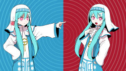 Rule 34 | 2gong (9ujin ), aqua hair, dual persona, hair between eyes, hair ornament, hatsune miku, highres, hypnosis, long hair, long sleeves, mind control, nun, official art, open mouth, pink eyes, pinocchio-p, solo, t-shi no hanashi wo shinjiru na (vocaloid), traditional nun, veil, very long hair, vocaloid