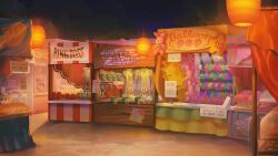 Rule 34 | a date with death, absurdres, balloon, bottle, carnival, cotton candy, english text, festival, highres, jewelry, lantern, market stall, night, no humans, non-web source, official art, ring, scenery, sign, stuffed animal, stuffed toy, target, tile floor, tiles, water balloon