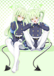 2girls absurdres blue_archive blush demon_tail feet green_hair hands_on_own_cheeks hands_on_own_face highres hikari_(blue_archive) long_hair looking_at_viewer multiple_girls nozomi_(blue_archive) open_mouth pantyhose pointy_ears shiraae_quartet soles tail toes twintails white_pantyhose yellow_eyes