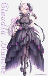 1girl :d bare_shoulders black_dress black_gloves black_pantyhose black_shoes breasts character_name claudia_blanche clothing_cutout commentary_request copyright_notice dress earrings flower full_body gloves grey_hair hair_flower hair_ornament hand_up highres jewelry large_breasts long_hair looking_at_viewer mary_janes multicolored_hair necklace nora_promotion official_art open_mouth pantyhose pink_hair shoes short_sleeves shoulder_cutout simple_background smile solo standing streaked_hair tokeshi two-tone_hair white_background