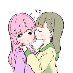 2girls anyoji_hime anyoji_hime_(winter_loungewear) averting_eyes black_bow blue_eyes blush bow brown_hair center-flap_bangs commentary_request hair_bow hands_on_another&#039;s_shoulders highres hood hood_down hoodie kachimachi_kosuzu kachimachi_kosuzu_(summer_loungewear) link!_like!_love_live! long_hair long_sleeves love_live! multiple_girls official_alternate_costume open_mouth pink_hair purple_hoodie raised_inner_eyebrows sidelocks simple_background smile sound_effects tazaki_masanobu trembling upper_body virtual_youtuber whispering whispering_in_ear white_background yellow_hoodie yuri