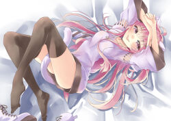 1girl absurdres ahoge animal_ears arms_up bed_sheet between_legs black_thighhighs blush boots breasts cat_ears cat_girl cat_tail dress emistia_(vrchat) fang full_body hair_ornament highres jewelry long_hair long_sleeves looking_at_viewer lying medium_breasts miyama_leaves necklace no_shoes on_back pink_eyes pink_hair purple_eyes shoes smile solo tail tail_between_legs thighhighs tongue tongue_out unworn_boots unworn_shoes vrchat white_shoes wide_sleeves