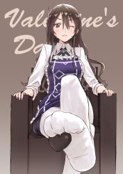 1girl ;( apron ashigara_(kancolle) ashigara_kai_ni_(ichibankuji)_(kancolle) ashigara_kai_ni_(kancolle) black_neckwear blush brown_eyes brown_hair english_text fang feet female_focus hairband highres kantai_collection kujira_naoto long_hair long_sleeves looking_at_viewer no_shoes pantyhose purple_apron purple_background shirt simple_background sitting solo thighhighs valentine wavy_hair white_hairband white_shirt white_thighhighs
