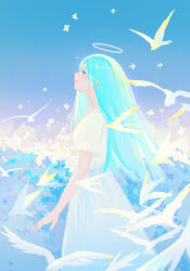 1girl angel artist_name bird blue_eyes blue_hair blue_sky blue_theme dress flock flower from_side halo highres huhv. long_hair looking_up original outdoors parted_lips profile short_sleeves sky solo straight_hair white_bird white_dress wings