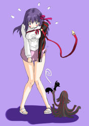 1girl angra_mainyu asymmetrical_clothes blush clothes_lift corruption dark_persona dark_sakura fate/stay_night fate_(series) female_focus grail_beast legs matou_sakura mihane possessed possession purple_hair skirt skirt_lift solo striped type-moon