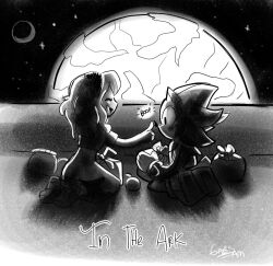 1boy 1girl closed_eyes earth_(planet) furry furry_male gabs_sam greyscale maria_robotnik monochrome planet poking_nose shadow_the_hedgehog signature smile sonic_(series) space space_colony_ark star_(sky)