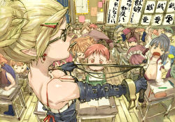 6+boys 6+girls archer_(disgaea) bare_shoulders bird black_hair blonde_hair breasts classroom cleavage demon desk disgaea drill_hair elbow_gloves fighter glasses gloves green_hair hair_bun hair_ornament hairclip hand_up healer healer_(disgaea) leather leather_clothes mage_(disgaea) magic_knight_(disgaea) maid_headdress makai_senki_disgaea_2 male_warrior_(disgaea) medium_breasts multiple_boys multiple_girls ninja ninja_(disgaea) official_art penguin pointy_ears prinny red_hair ronin_(disgaea) rune_mage sarashi school school_desk short_hair single_hair_bun sitting standing teacher toi8 warrior_(disgaea) whip wooden_floor