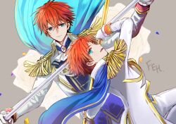 2boys blue_eyes cape commentary_request eliwood_(fire_emblem) eliwood_(groom)_(fire_emblem) epaulettes father_and_son fire_emblem fire_emblem:_the_binding_blade fire_emblem:_the_blazing_blade fire_emblem_heroes gloves holding holding_weapon male_focus multiple_boys nintendo official_alternate_costume red_hair roy_(fire_emblem) roy_(groom)_(fire_emblem) shoochiku_bai short_hair time_paradox weapon