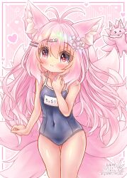 1girl absurdres ahoge animal_ear_fluff animal_ears blue_one-piece_swimsuit blush covered_navel flower fox_ears fox_girl fox_tail gluteal_fold hair_flower hair_ornament hairclip heart highres hyakumensou_ms_rs4-x long_hair multiple_tails name_tag old_school_swimsuit one-piece_swimsuit original pink_eyes pink_hair school_swimsuit smile solo swimsuit tail thigh_gap thighs