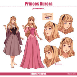 1girl absurdres aurora_(disney) blonde_hair character_name company_connection dress highres jewelry long_hair long_sleeves looking_at_viewer makeup mizala multiple_persona pink_dress simple_background sleeping_beauty_(disney) smile solo tiara