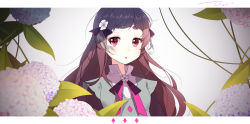 1girl blush female_focus floral_background flower hair_flower hair_ornament highres long_hair looking_to_the_side neck_ribbon open_mouth original purple_hair red_eyes ribbon solo the_cold white_background