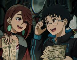 Rule 34 | 1girl, 2girls, ayase momo, black choker, black hair, black jacket, brown eyes, brown hair, choker, commentary, creepypasta, dandadan, earrings, english commentary, glasses, highres, holding, holding paper, jacket, jewelry, medium hair, multiple girls, paper, red jacket, round eyewear, shirt, short hair, slender man, suoniko, takakura ken (dandadan), track jacket, turbo granny (dandadan), white shirt