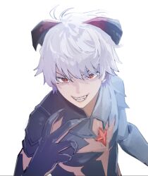 Rule 34 | 1boy, ajpp6, armor, black armor, black horns, chest jewel, colored eyelashes, commentary request, demon boy, dragon quest, dragon quest x, fangs, fingernails, gem, grin, highres, horns, long fingernails, looking at viewer, male focus, multicolored horns, official alternate design, red eyes, red gemstone, red horns, risoru (dq10), sharp fingernails, short hair, smile, solo, upper body, white background, white hair