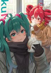 2girls ahoge alternate_costume anchannnnnn steamed_bun black_scarf blue_eyes blue_hair blush bow brown_scarf brown_sweater closed_mouth drill_hair eating flat_chest food gloves hair_between_eyes hair_bow hair_ribbon hatsune_miku highres kasane_teto kasane_teto_(sv) multiple_girls outdoors red_eyes red_hair ribbon scarf shopping smile supermarket sweater synthesizer_v twin_drills twintails utau vocaloid white_bow white_ribbon winter_gloves