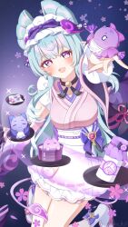 1girl apron aqua_hair bow detached_sleeves genshin_impact headdress highres japanese_clothes kimono kokoaji_(koko_aj1) long_hair long_sleeves obi open_mouth pink_kimono pointy_ears sash smile socks solo tabi tail tapir_girl tapir_tail white_apron white_socks yumemizuki_mizuki