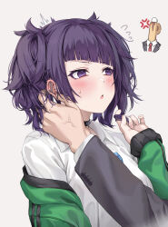 1boy 1girl absurdres anger_vein angry black_choker black_suit blue_bow blush bow choker coffee coffee_mug cup ear_piercing earrings formal_clothes green_jacket hand_on_another&#039;s_ear highres idolmaster idolmaster_shiny_colors jacket jewelry mrpeanut_88 mug multiple_earrings necktie p-head_producer piercing producer_(idolmaster) purple_eyes purple_hair red_necktie shirt short_twintails spill suit sweatdrop tanaka_mamimi twintails twirling_hair veins veiny_hands white_shirt