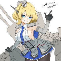 1girl absurdres adapted_turret bigkwl blonde_hair blue_eyes blue_necktie blush braid breasts cannon capelet colorado_(kancolle) dated dress elbow_gloves garrison_cap gloves grey_capelet grey_dress grey_gloves hat headgear highres kantai_collection large_breasts lattice_mast machinery necktie pantyhose pleated_dress rigging ship_turret shirt short_hair side_braids sideboob sideless_shirt sleeveless smokestack solo twitter_username white_shirt