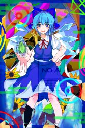 absurdres blue_bow blue_dress blue_hair bow breasts cirno colorful detached_wings dress fairy fairy_wings flower frog frozen hair_bow highres hirwannew ice ice_wings naughty_face pinafore_dress puffy_short_sleeves puffy_sleeves short_sleeves sleeveless sleeveless_dress small_breasts sunflower touhou wings