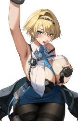 1girl 2v_(joyeong) absurdres arm_up armpits black_bra black_gloves blonde_hair blue_eyes blue_necktie bra breast_curtains breasts commentary_request girls&#039;_frontline girls&#039;_frontline_2:_exilium gloves hair_intakes highres large_breasts looking_at_viewer mole mole_under_eye necktie nikketa_(girls&#039;_frontline_2) open_mouth pantyhose partially_fingerless_gloves short_hair simple_background solo underwear vsk-94_(girls&#039;_frontline) white_background