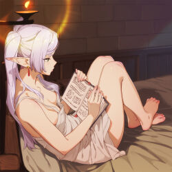 1girl barefoot book breasts commentary earrings elf english_commentary feet feguimel frieren green_eyes highres holding holding_book jewelry long_hair nipple_slip nipples pointy_ears reading sitting small_breasts solo sousou_no_frieren twintails white_hair