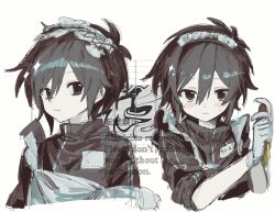 Rule 34 | 1boy, apron, black eyes, black hair, black jacket, boxcutter, commentary request, grid background, highres, holding, holding boxcutter, jacket, komiroku, looking at viewer, maid apron, maid headdress, male focus, multiple views, randal&#039;s friends, short hair, tsukada satoru, upper body, white background