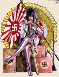 10s 1girl absurdres armband bad_id bad_pixiv_id bakuzan black_hair blue_eyes boots box commentary crossed_legs epaulettes female_focus flag german_text hair_ornament hairclip high_heel_boots high_heels highres junketsu kill_la_kill kiryuuin_satsuki lips long_hair megumi_cv nazi nose planted planted_sword planted_weapon realistic rising_sun_flag sheath sheathed sitting solo sunburst swastika sword thick_eyebrows thigh_boots thighhighs weapon