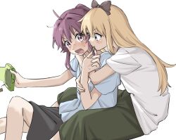 2girls black_bow black_skirt blonde_hair blue_eyes blue_shirt blush bow bow_hairband box candy commentary_request food green_shorts hairband holding holding_box hug hug_from_behind long_hair multiple_girls open_mouth purple_eyes purple_hair shirt short_sleeves shorts simple_background skirt sugiura_ayano sweat syonosuke9573 toshinou_kyouko white_background white_shirt yuri yuruyuri