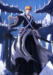 Rule 34 | 1boy, absurdres, black robe, bleach, dual wielding, feet out of frame, highres, holding, holding sword, holding weapon, kurosaki ichigo, male focus, mitarashi (5333069), orange hair, robe, short hair, solo, standing, sword, weapon