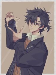 Rule 34 | 1boy, absurdres, black eyes, black hair, black jacket, border, brown background, cheng xiaoshi, closed mouth, collared shirt, finger frame, grey border, hair between eyes, hands up, highres, jacket, kalondust, long sleeves, looking at viewer, male focus, official alternate costume, open clothes, outside border, ponytail, shiguang dailiren, shirt, short hair, short ponytail, simple background, smile, solo, sweater, upper body, white shirt, yellow sweater
