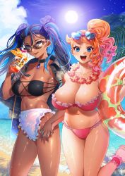 2girls :d alternate_costume alternate_hairstyle ankle_garter bikini black_bikini black_hair blue_eyes blue_hair bow bow_bikini breasts cameltoe choker cleavage cloud collarbone commentary_request dark-skinned_female dark_skin day earrings eyelashes eyewear_on_head frilled_bikini frills glass green_nails hair_ornament hand_grab hand_up heart heart_hair_ornament highres holding holding_hands holding_swim_ring hoop_earrings innertube jewelry long_hair mismatched_bikini multi-strapped_bikini multicolored_hair multiple_girls mumere_(9_xa9) nail_polish navel nessa_(pokemon) nintendo open_mouth orange_hair outdoors pokemon pokemon_swsh purple_hair sand shiny_skin shore sky smile sonia_(pokemon) sun sunglasses swim_ring swimsuit teeth tongue twintails upper_teeth_only water white_bikini