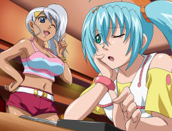Rule 34 | 2girls, ahoge, bakugan, bare arms, bare shoulders, belt, blue eyes, blue hair, bracelet, breasts, crop top, dark-skinned female, dark skin, earrings, eyebrows, female focus, fingernails, green eyes, grey hair, hair between eyes, hand on own hip, head rest, highres, indoors, jewelry, julie heyward, large breasts, legs, long hair, looking at another, makino tomoyasu, midriff, misaki runo, multiple girls, navel, one eye closed, open mouth, paper, pointing, short shorts, short sleeves, shorts, side ponytail, sitting, sleeveless, smile, standing, table, thighs, twintails, white hair, wink, wristband