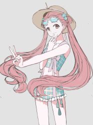1girl :3 aqua_bikini bare_arms bare_legs bare_shoulders bikini blue-tinted_eyewear bow brown_eyes brown_hat chinese_commentary closed_mouth commentary_request cowboy_shot dot_nose double_v eyewear_on_head flat_color floating_hair forehead frilled_bikini frills grey_background hair_ornament hair_rings hand_on_own_chin happy hat highres ice ice_cube long_hair nikki_(nikki) nikki_(series) outstretched_arm pink_hair plaid_bikini plaid_clothes purple_bow round_eyewear shining_nikki simple_background smile solo summer_sea_breeze_(shining_nikki) sun_hat sunglasses swimsuit tareme tinted_eyewear twintails v very_long_hair white-framed_eyewear youyidianqingming