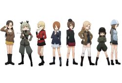 10s 6+girls absurdres anchovy_(girls_und_panzer) ankle_boots asymmetrical_bangs black_footwear black_jacket black_legwear black_necktie black_shirt black_skirt blonde_hair blue_eyes blue_footwear blue_hat blue_jacket blue_shorts blue_skirt blush boots brown_eyes brown_hair brown_jacket chi-hatan_military_uniform closed_eyes closed_mouth crossed_arms cup darjeeling_(girls_und_panzer) denim denim_shorts dress_shirt drill_hair fang full_body garrison_cap girls_und_panzer green_hair green_shirt grey_jacket grey_legwear grey_pants grey_skirt grin hair_intakes hair_ribbon hand_on_own_hip hands_on_own_hips hat helmet highres holding holding_riding_crop jacket katyusha_(girls_und_panzer) kay_(girls_und_panzer) kicchi_(tmgk) knee_boots light_smile long_hair long_sleeves looking_at_another looking_at_viewer mika_(girls_und_panzer) military military_hat military_uniform miniskirt multiple_girls necktie nishi_kinuyo nishizumi_maho nishizumi_miho open_mouth pants pleated_skirt red_eyes red_jacket red_shirt red_skirt ribbon riding_crop salute saucer shirt short_hair short_jumpsuit short_shorts shorts shoulder_belt simple_background skirt smile socks standing tank_helmet teacup thighhighs track_jacket trait_connection tulip_hat twin_drills twintails white_background white_legwear white_shirt white_skirt yellow_skirt